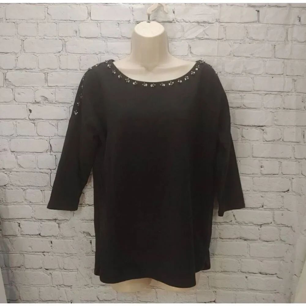 New York & Co Women's Size Medium Black Beaded Collar Blouse.